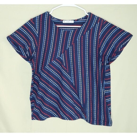 ACOS&A Short Sleeve Blouse Navy Red Striped Geometric Stitch Fix Women's Large - Picture 1 of 8